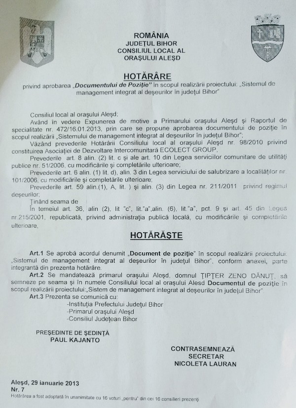 Hotărârea consiliului local Aleșd nr. 7 din data de 29.01.2013