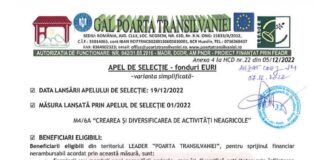GAL POARTA TRANSILVANIEI LANSEAZĂ APELURI DE SELECȚIE PENTRU MĂSURA M4/6A “ Crearea și diversificarea de activități neagricole”