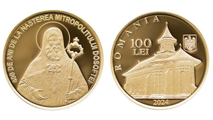 monedă din aur dedicată Mitropolitului Dosoftei