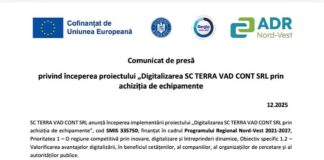 Comunicat de presă privind lansarea proiectului „Digitalizarea SC TERRA VAD CONT SRL prin achiziția de echipamente”